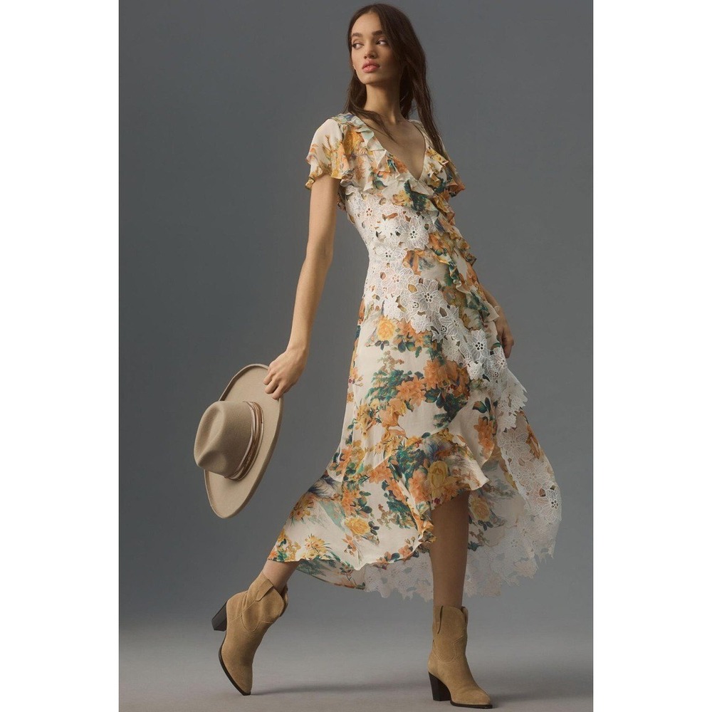 Anthropologie Ruffled Lace High-Low Floral Dress Ivory Comb 16W Plus NWT Boho